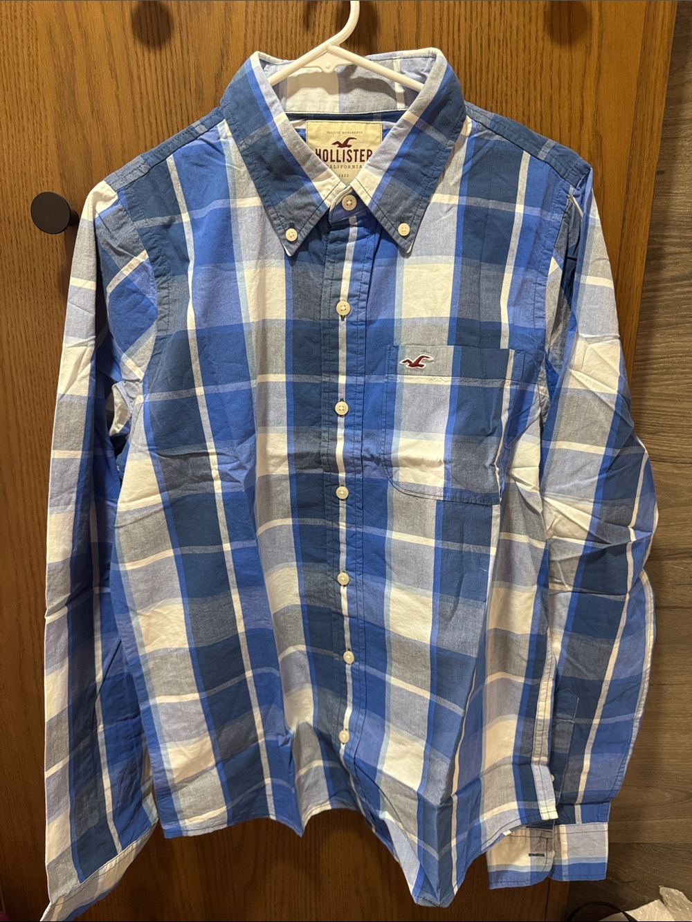 Hollister Men's Button-Down Blue and White Plaid Shirt